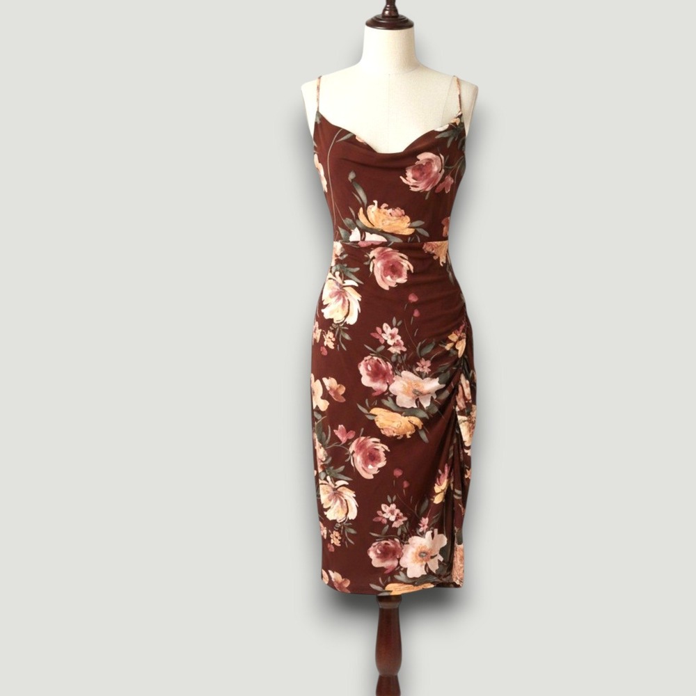 Windsor Womens Dress Brown M Floral Ruched Wedding Guest Romantic Cocktail Party